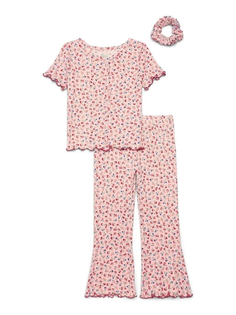 Wonder Nation Girls Short Sleeve Rib Top and Pants Pajama Set with Scrunchie, 3-Piece, Sizes 4-18... | Walmart (US)