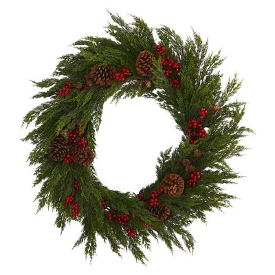 32'' Cypress with Berries and Pine Cones Artificial Wreath | Nearly Natural