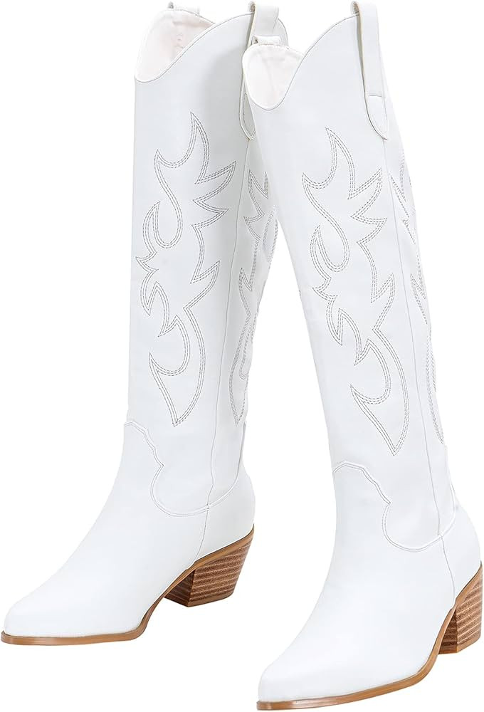 Ouepiano Western Cowboy Boots for Women Knee High Cowgirl Boots with Classic Embroidered Slip On ... | Amazon (US)