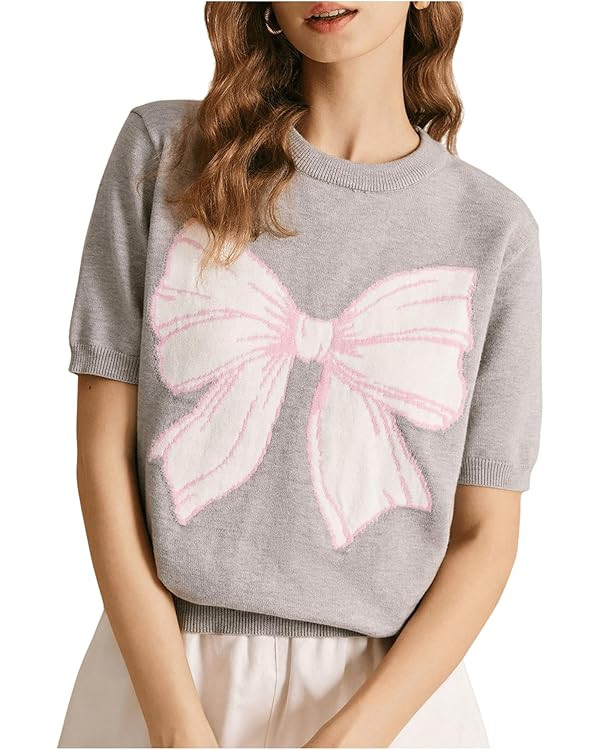 Women's Bow Print Crewneck Sweater Short Sleeve Knit Pullover Tops | Amazon (US)