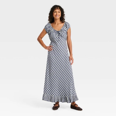Women's Puff Short Sleeve Ankle Sundress - Universal Thread™ Navy Blue Gingham L | Target