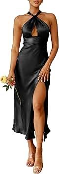 Cantonwalker Women's V Neck Spaghetti Strap Satin High Slit Wedding Guest Formal Maxi Dress Cockt... | Amazon (US)