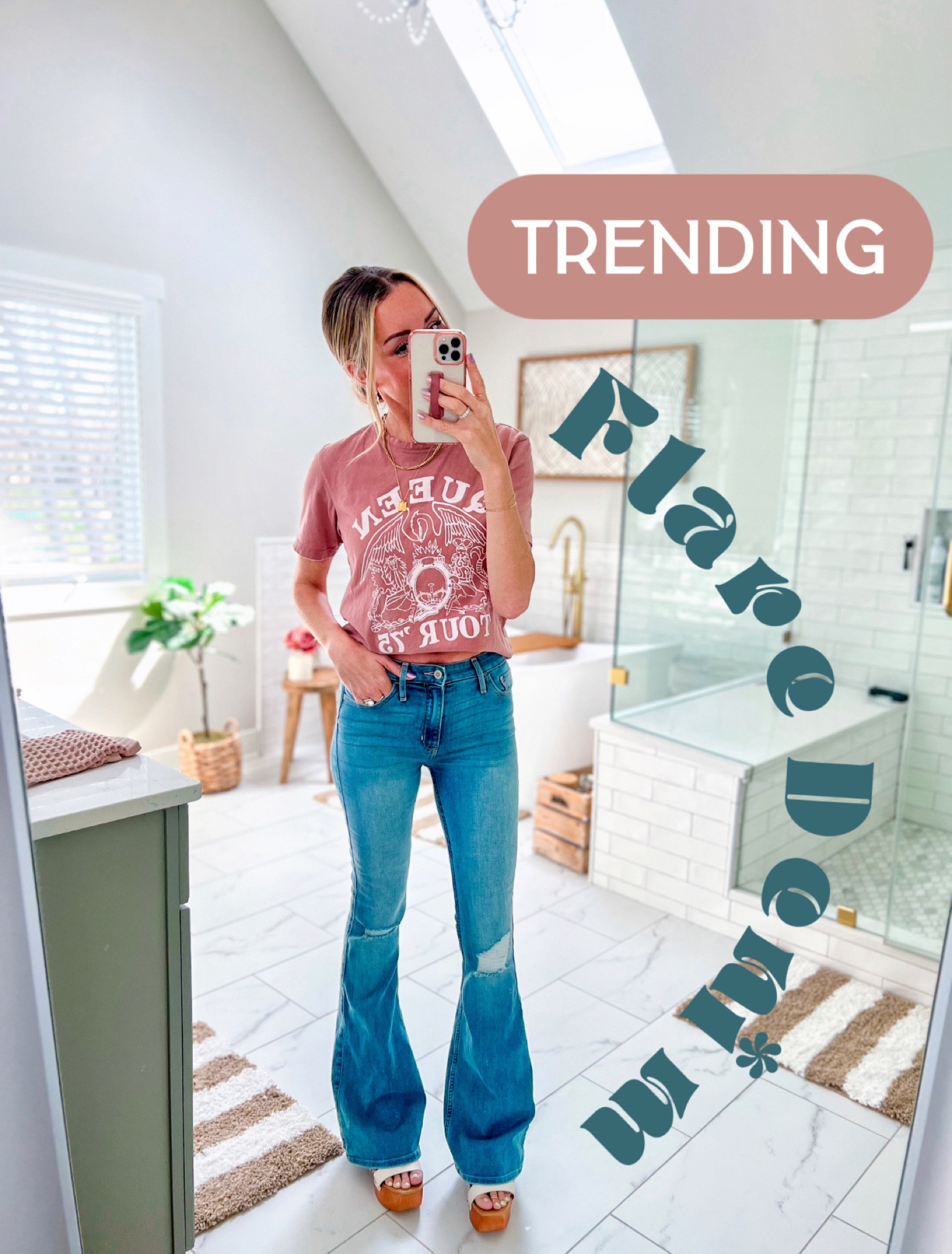 Trending: flare denim
I got my true size (1) but in the L length, to be able to wear with heels, to elongate the legs. 
Linked this year’s t shirt version and shoes are from talulah (only in stock in a few sizes)  