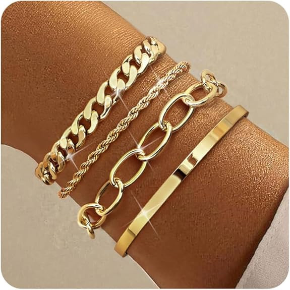TEN MIRO 16k Gold/Silver Chunky Bracelet for Women Trendy, Dainty Gold/Silver Chain Bracelet Stac... | Amazon (US)