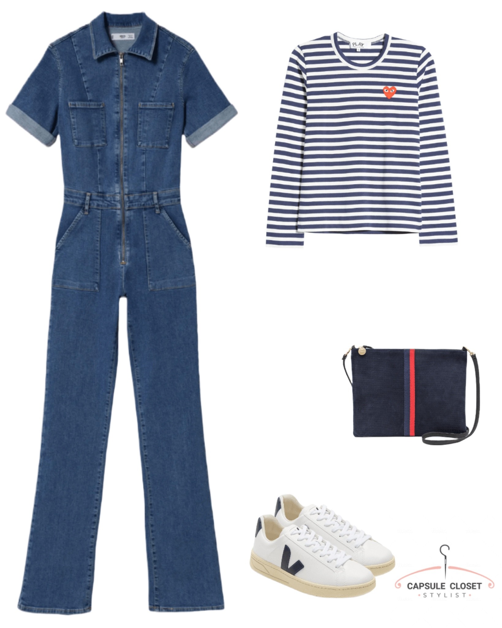 Denim jumpsuit, stripe top, veja trainers, 

#LTKstyletip #LTKshoecrush #LTKeurope