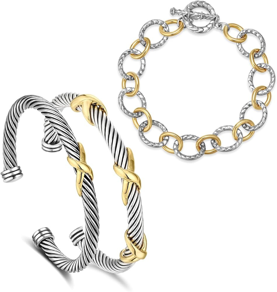 3PCS Twisted Cable Bracelet and Chain Trendy Cuff Bracelet Link Designer Dupes Adjustable Bangle ... | Amazon (US)