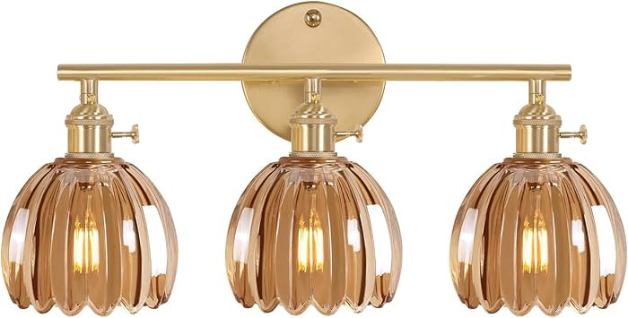 Bathroom Light Fixtures, 3-Light Brass Vanity Wall Light Over Mirror with Amber Tulip Glass Shade... | Amazon (US)