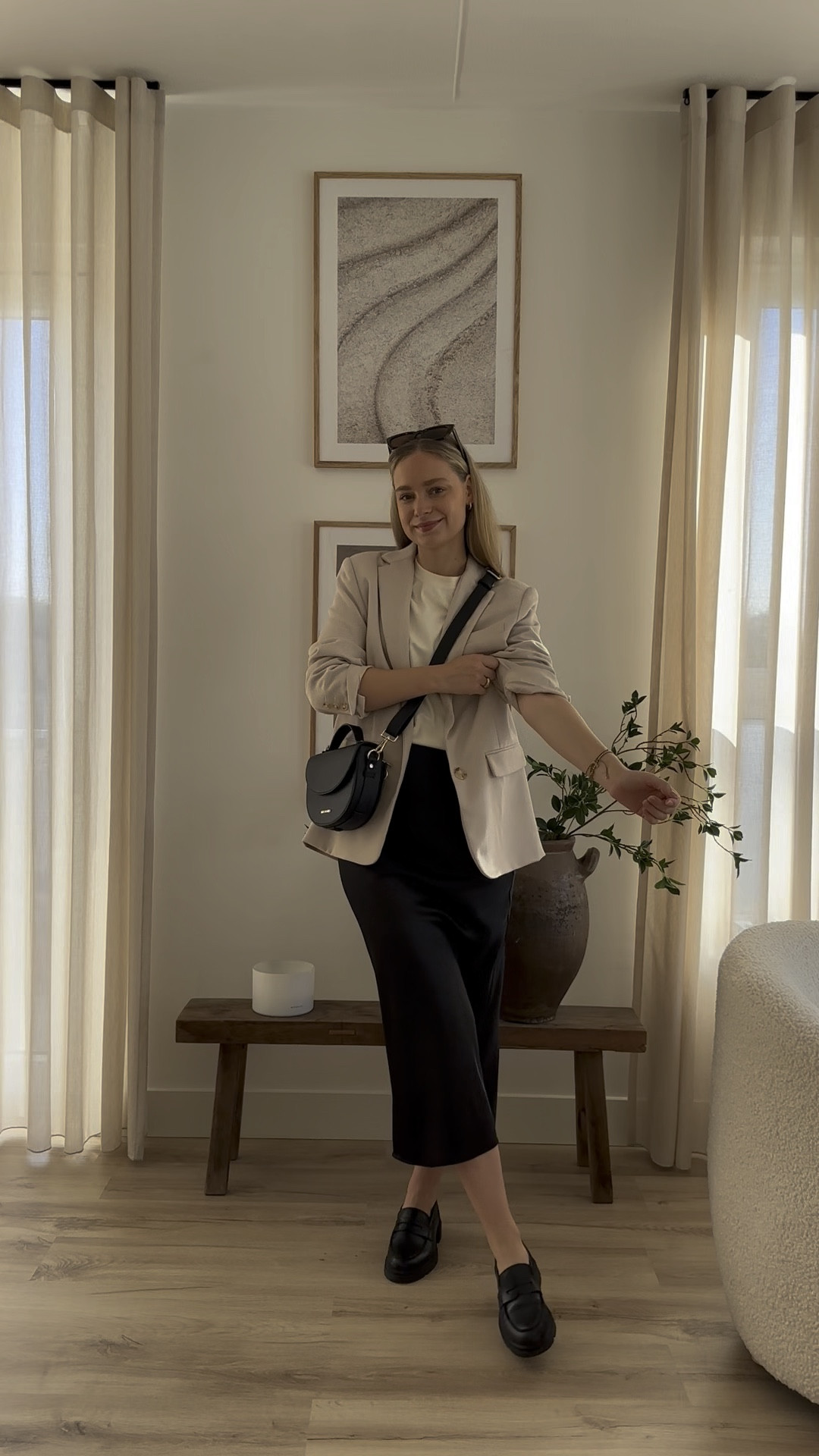 Beige oversized blazer, off white boxy t-shirt, black bag, black satin skirt and black loafers

#LTKSeasonal #LTKeurope #LTKstyletip