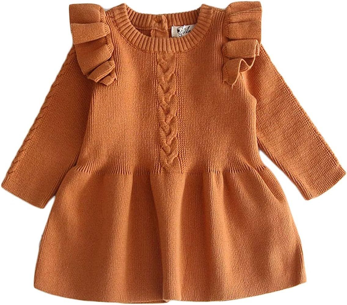 Toddler Baby Girl Knit Sweater Dress Cute Kids Solid Ruffle Long Sleeve Dresses Top Fall Winter W... | Amazon (US)