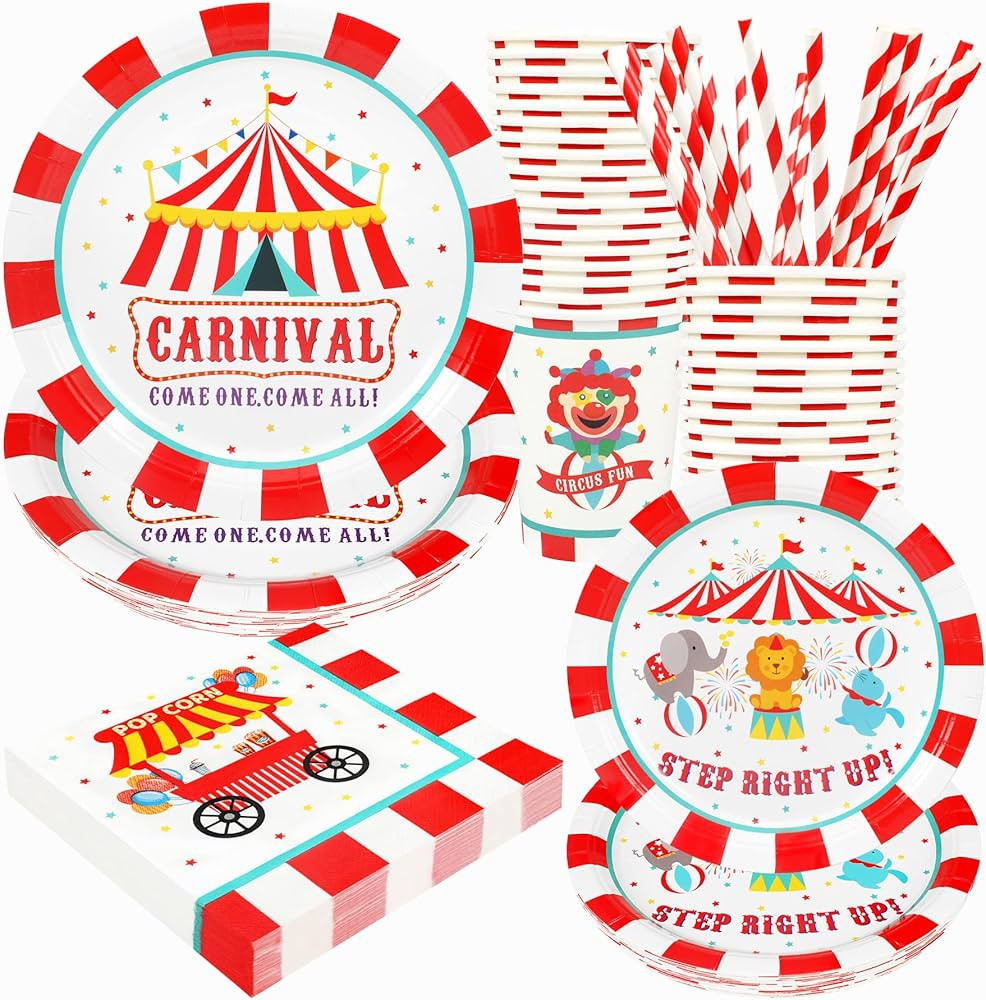 Carnival Party Supplies Decorations, Circus Theme Birthday Paper Plates and Napkins Set with Cups... | Amazon (US)