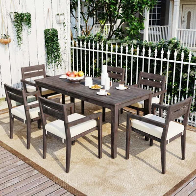 7 Pieces Acacia Wood Outdoor Dining Set With Cushions,Modern 6 Chairs And 1 Large Table, Dining Furniture Set For Lawn, Backyard, Garden Deck,Poolside | Wayfair North America