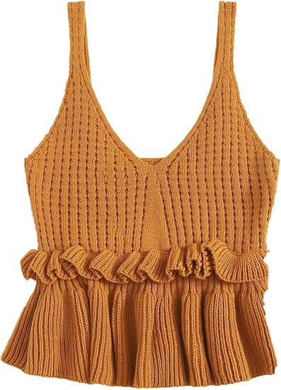 SweatyRocks Women's Casual Knit Top Sleeveless Ruffle Hem V Neck Peplum Crop Tank Top | Amazon (US)