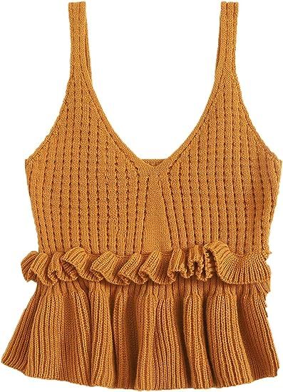 SweatyRocks Women's Casual Knit Top Sleeveless Ruffle Hem V Neck Peplum Crop Tank Top | Amazon (US)