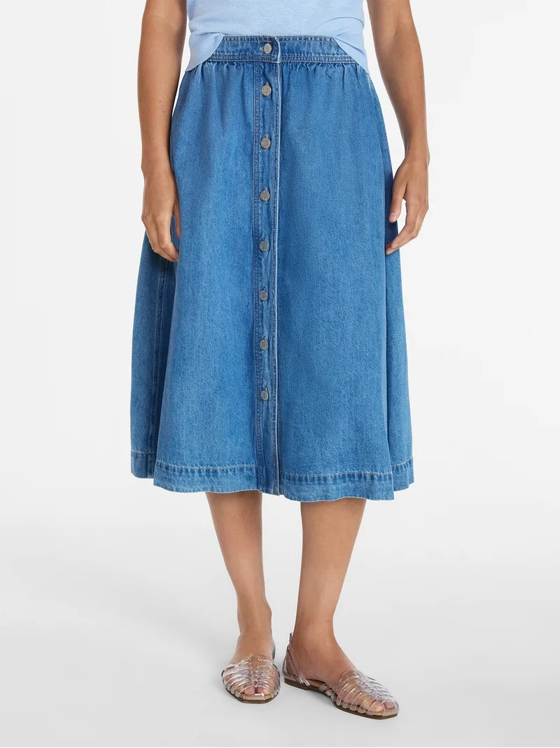 Time and Tru Women's Button Front Denim Midi Skirt, Sizes XS-XXXL | Walmart (US)