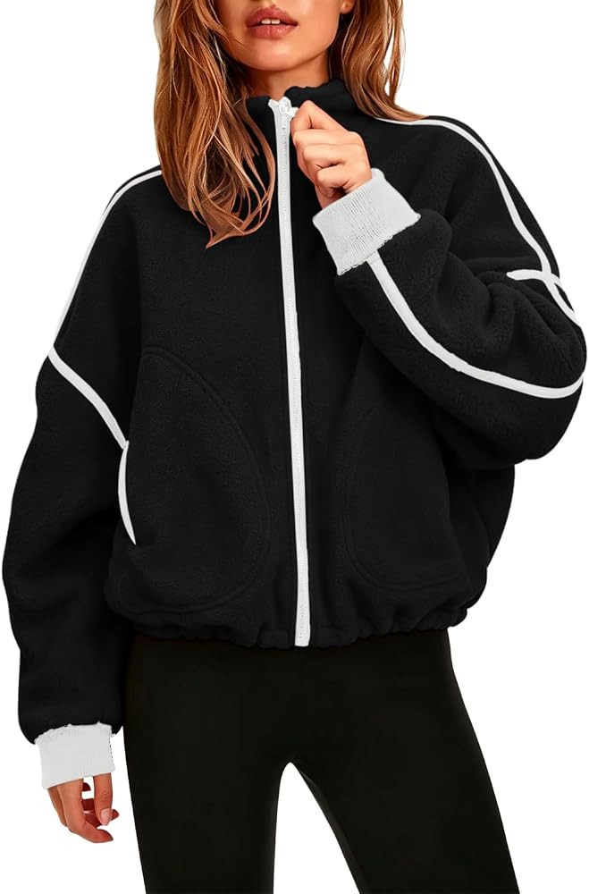 QINSEN Women Fleece Jacket Cropped Full-Zip Up Sherpa Jackets Warm Stand Collar Outerwear with Po... | Amazon (US)
