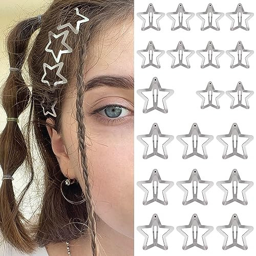 Star Hair Clips 2000s Y2K Snap Hair Barrettes Non Slip Star Hair Accessories Silver Metal Hair Clips for Girls Women -20 PCS 1.18", 1.57" | Amazon (US)