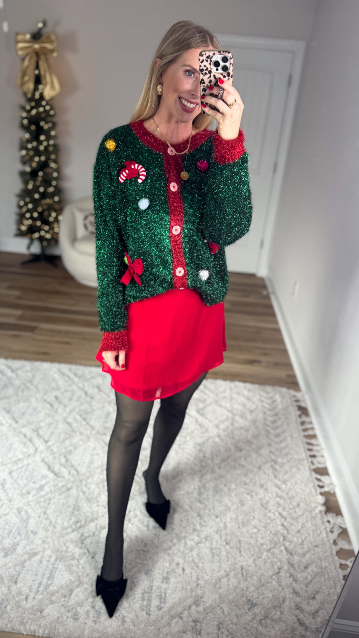 Weekend Walmart Wins try-on
Tinsel Christmas sweater- small
Red mini skirt- medium 
Fleece lined tights- medium 

#LTKHoliday #LTKFindsUnder50 #LTKStyleTip