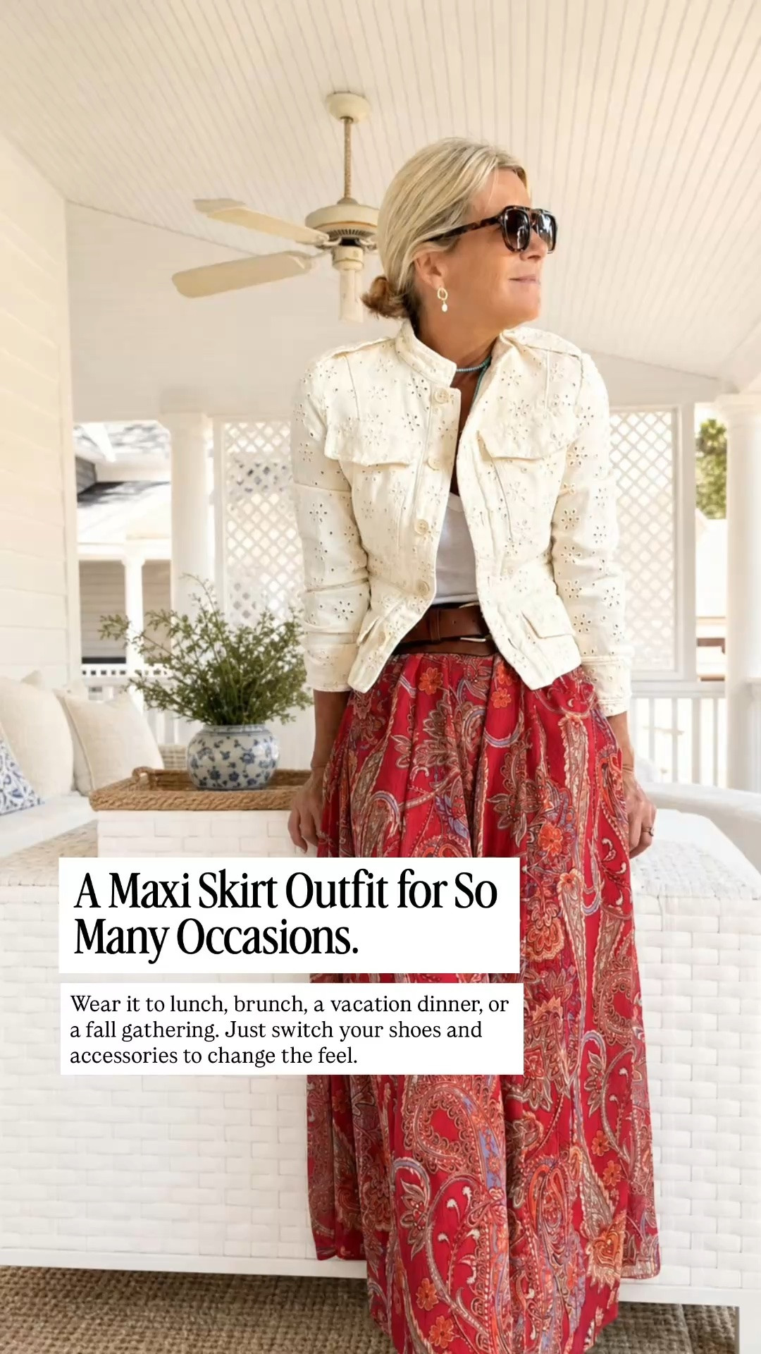 This red paisley maxi skirt paired with an ivory eyelet jacket is such a pretty combination! I love how the flowing skirt and structured jacket balance each other out. 

Perfect for lunch, brunch, vacation dinners, or fall gatherings when you want to look polished without feeling overdressed.

👩‍💻 LTK PRO TIPS
❤️ Heart = Support my posts ;-)
🔖 Save = Get sale & restock alerts for the things you love!
📋 Lists = Keep favorites organized (List ideas: Christmas, Birthdays, and Vacations!)
📲 Share = Send lists and products to a friend (or your daughters like me).
💬 Comment = Ask me anything, and I'll answer. ;-)
