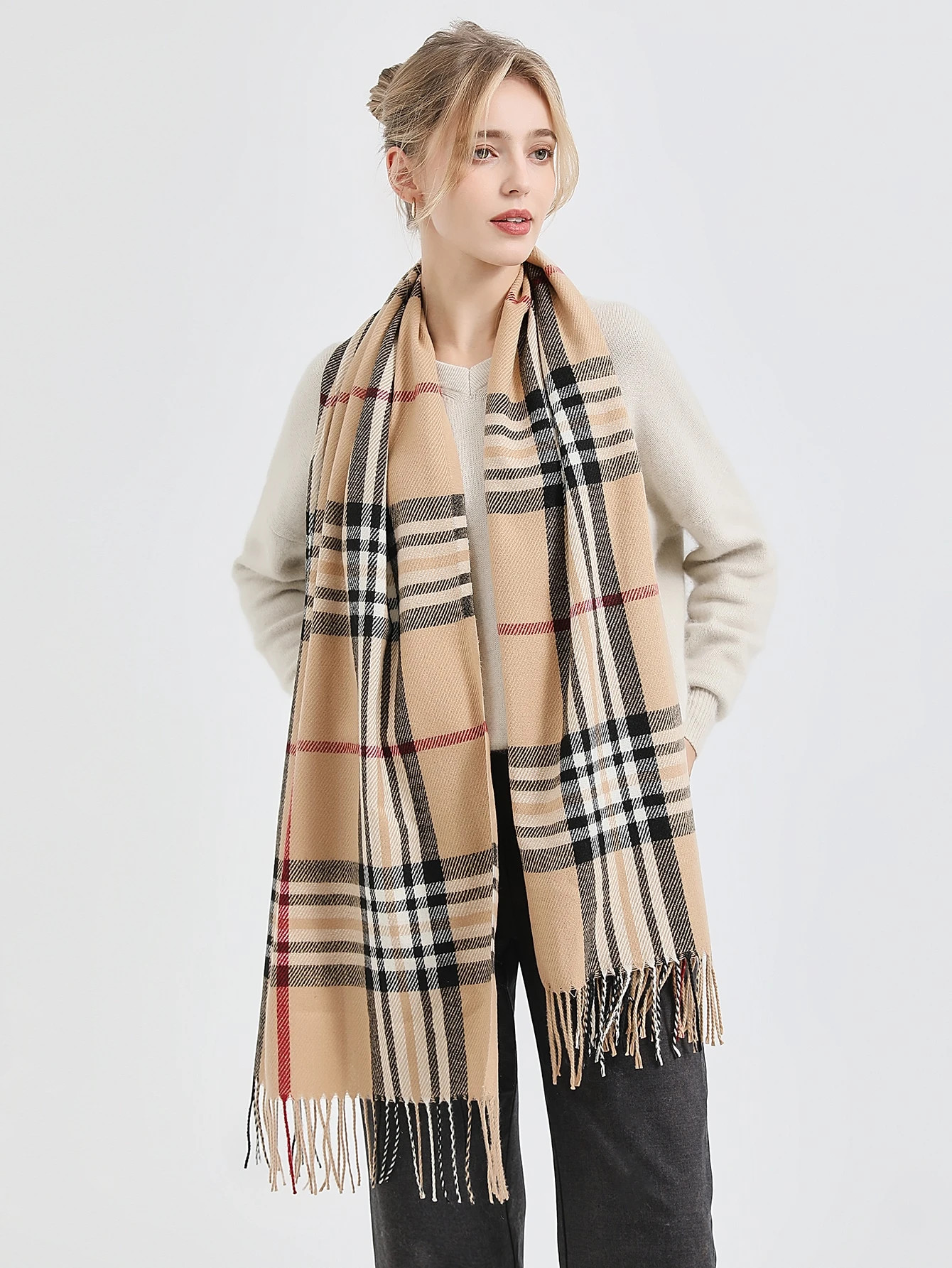 1pc Women Best Plaid Print Fringe Hem Winter Scarf | SHEIN