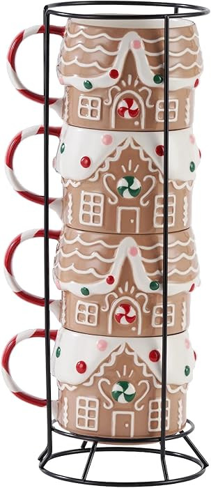 Ceramic Gingerbread House Stacking Mugs, Set of 4 Christmas Cups 11.5 Oz, Festive Hot Drinkware f... | Amazon (US)