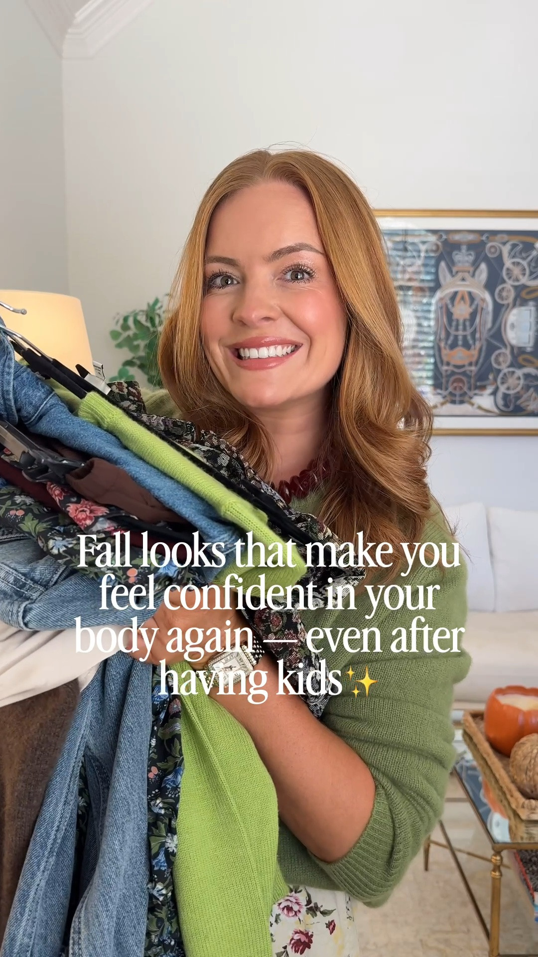 Let me know if you needs sizing!

Fall outfits for moms that make you feel confident getting dressed again — even after having kids. These comfy fall looks are my go-to outfits this season: a cozy cashmere sweater with an elastic waist floral midi skirt, an oversized denim button down with brown pull on wide leg pants, a stretchy smock floral midi dress, a smock floral mini dress with pockets, a brown ribbed knit midi dress with an oversized denim jacket, and a cashmere cardigan with lace shorts for a dressed up casual fall look. Flattering fall dresses, cozy fall sweaters, and easy elastic waist outfits — every piece linked below!