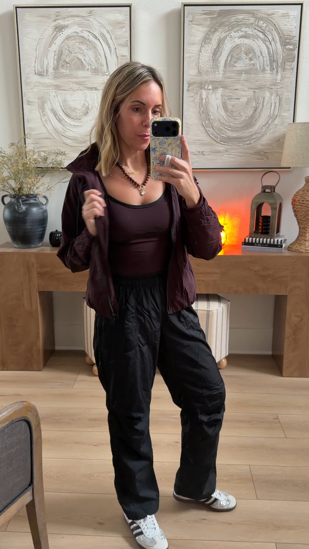 Walmart deal days sale!!! Walmart Jacket and pants run tts and I sized up in the long line sports bra to med. I sized down half a size to 7.5 in my rhinestone adidas sambas.