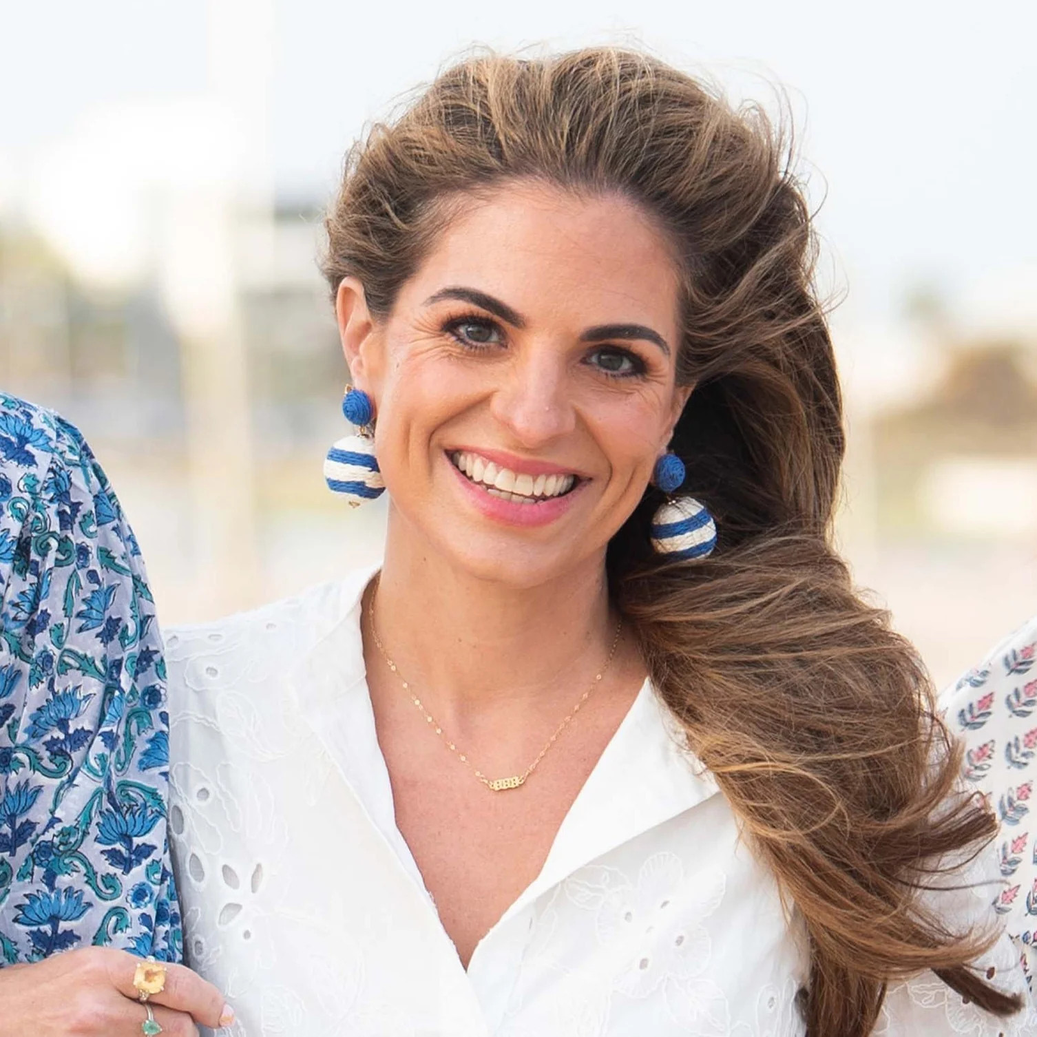 Blue and White Striped Pom Pom Earrings | The Monogram Corner