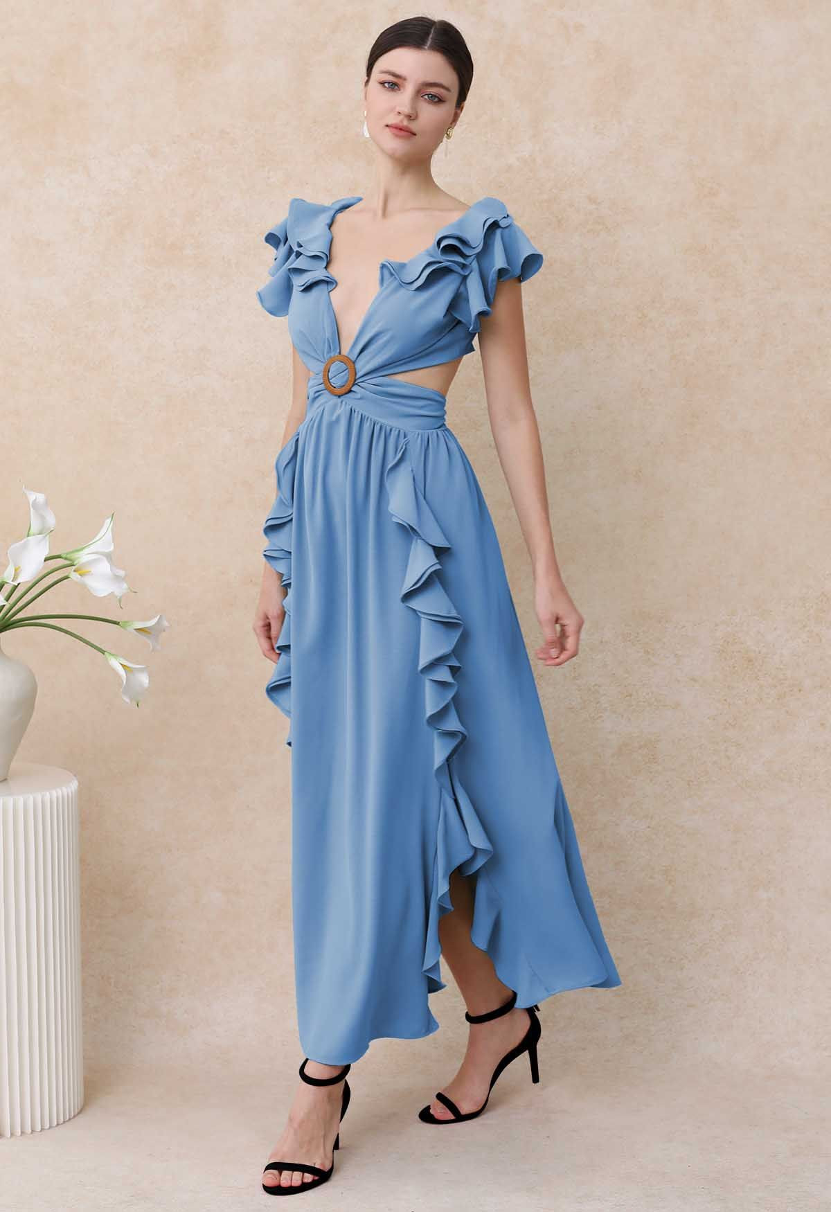 Cascade Ruffle O-Ring Tie-Back Maxi Dress in Blue | Chicwish