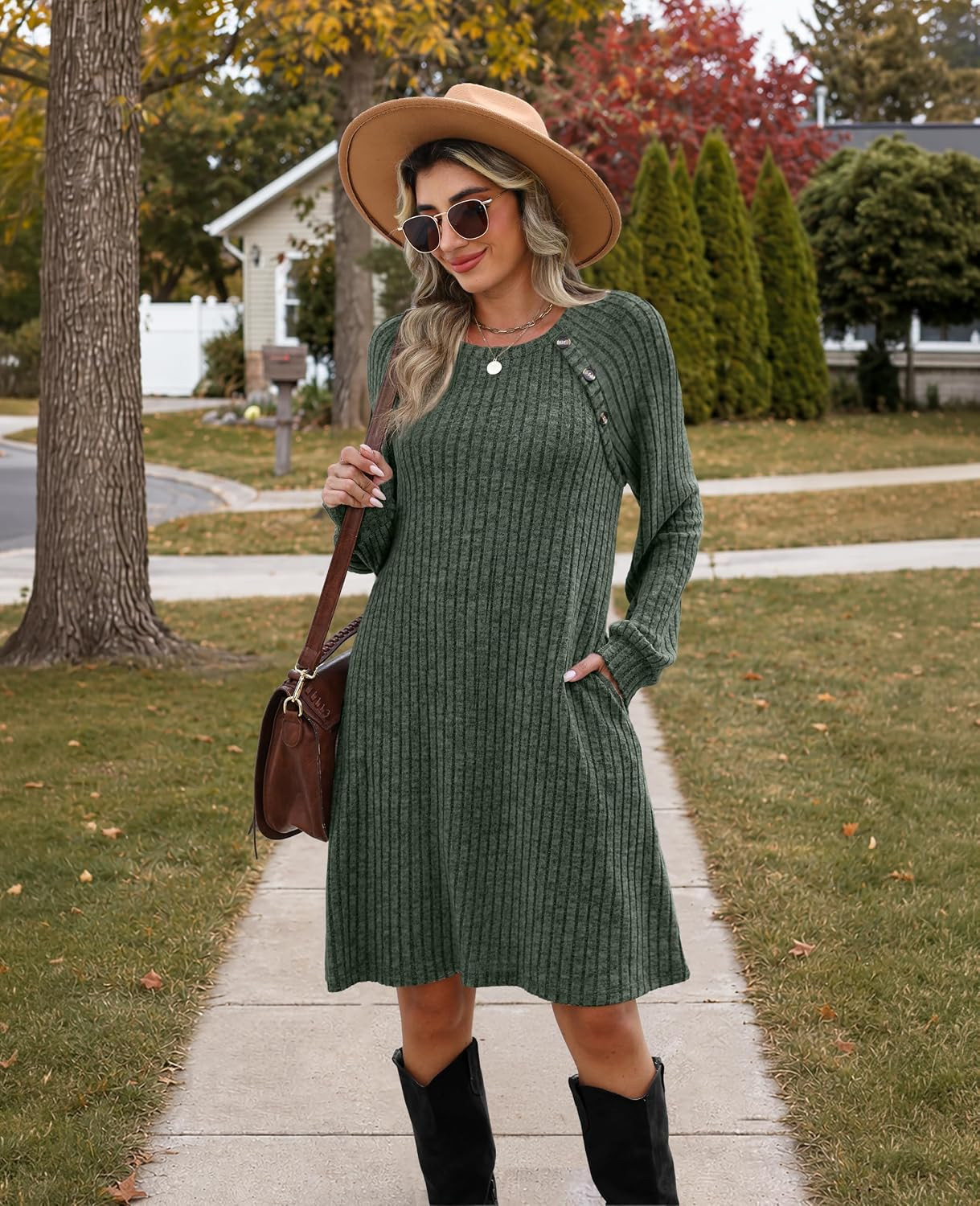 OFEEFAN Fall Dresses for Women 2026 Long Sleeve Dress with Pockets | Amazon (US)