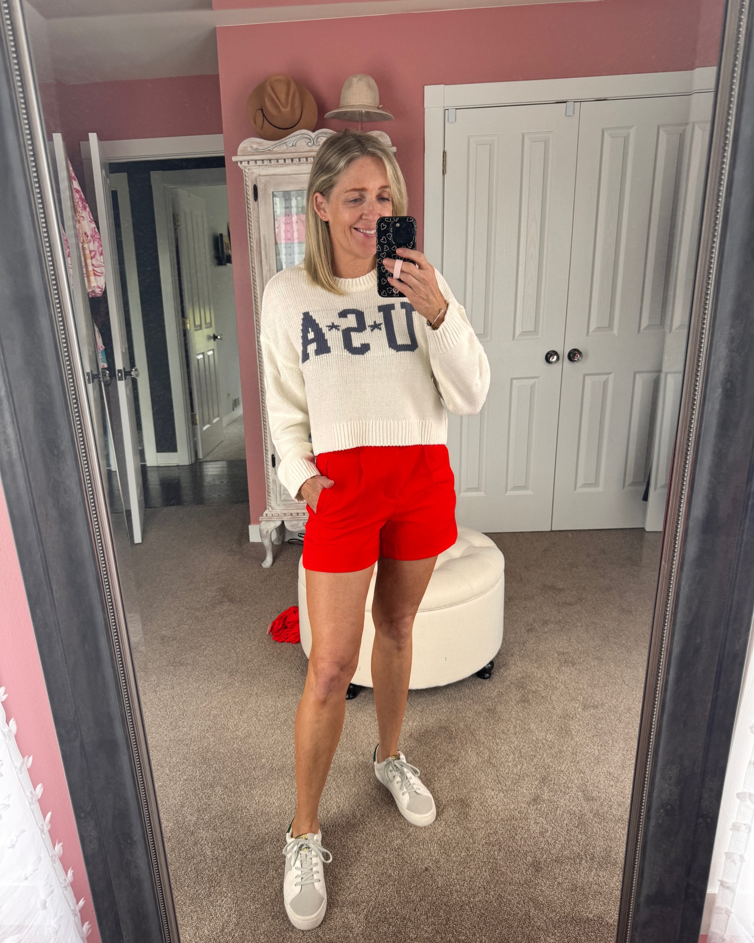 4th of July outfit idea. Red shorts. USA sweater. 
#targerstyle #shorts #summeroutfit

#LTKOver40 #LTKSeasonal #LTKFindsUnder50