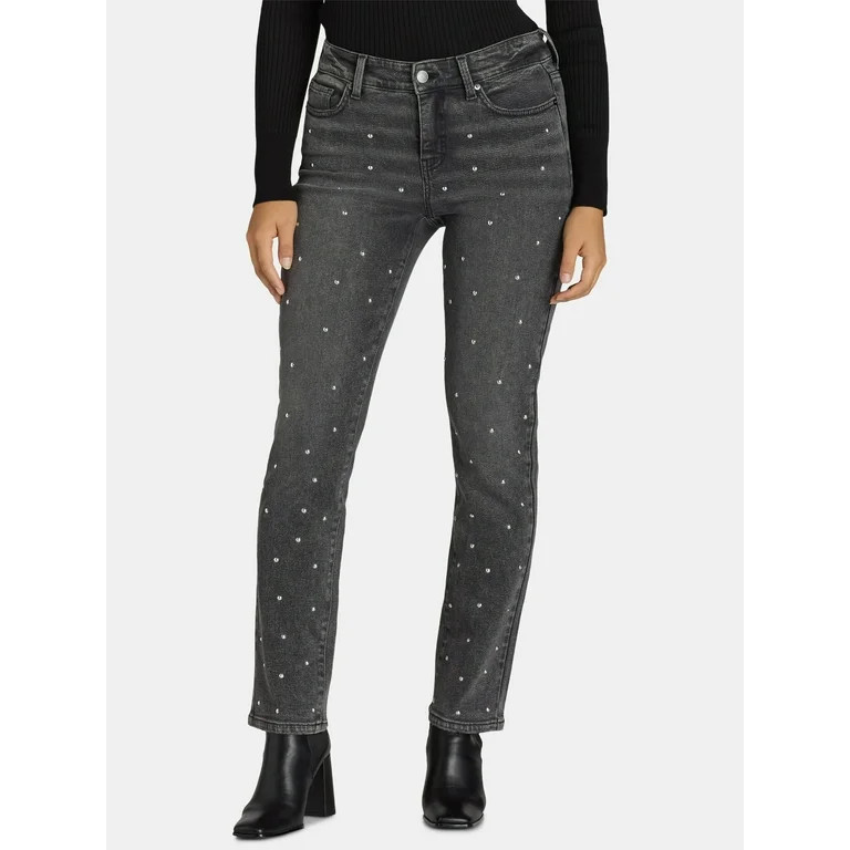 Time and Tru Women's All Over Front Embellishment Straight Leg Jeans, 30” Inseam, Sizes 2-20 | Walmart (US)