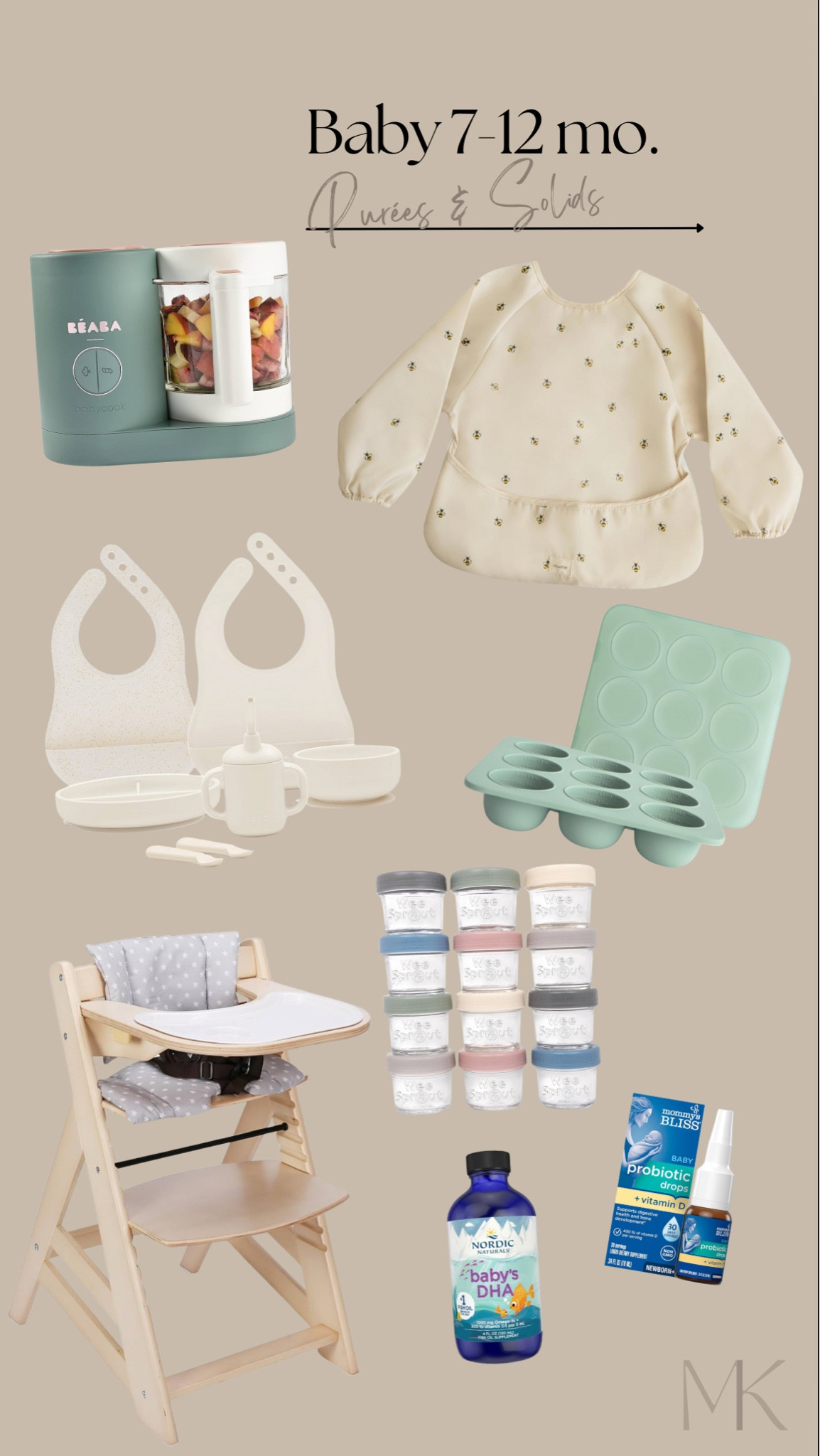 Baby 7-12 months must haves: starting purées and solids 

Baby must haves, baby food, starting purées and solids, 7 to 12 months, high chair, stokke high chair dupe, natural wood high chair, minimal baby feeding items, baby food, safe baby food maker, infant vitamins 