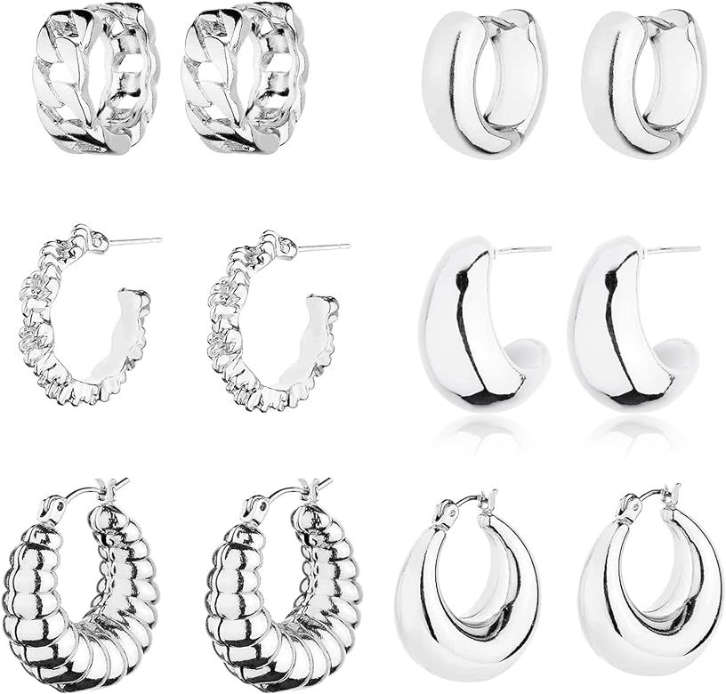 Gold Chunky Hoop Earrings Set for Women, 14K Gold Plated Twisted Huggie Hoop Earring Hypoallergenic, Thick Open Hoops Set Lightweight | Amazon (US)