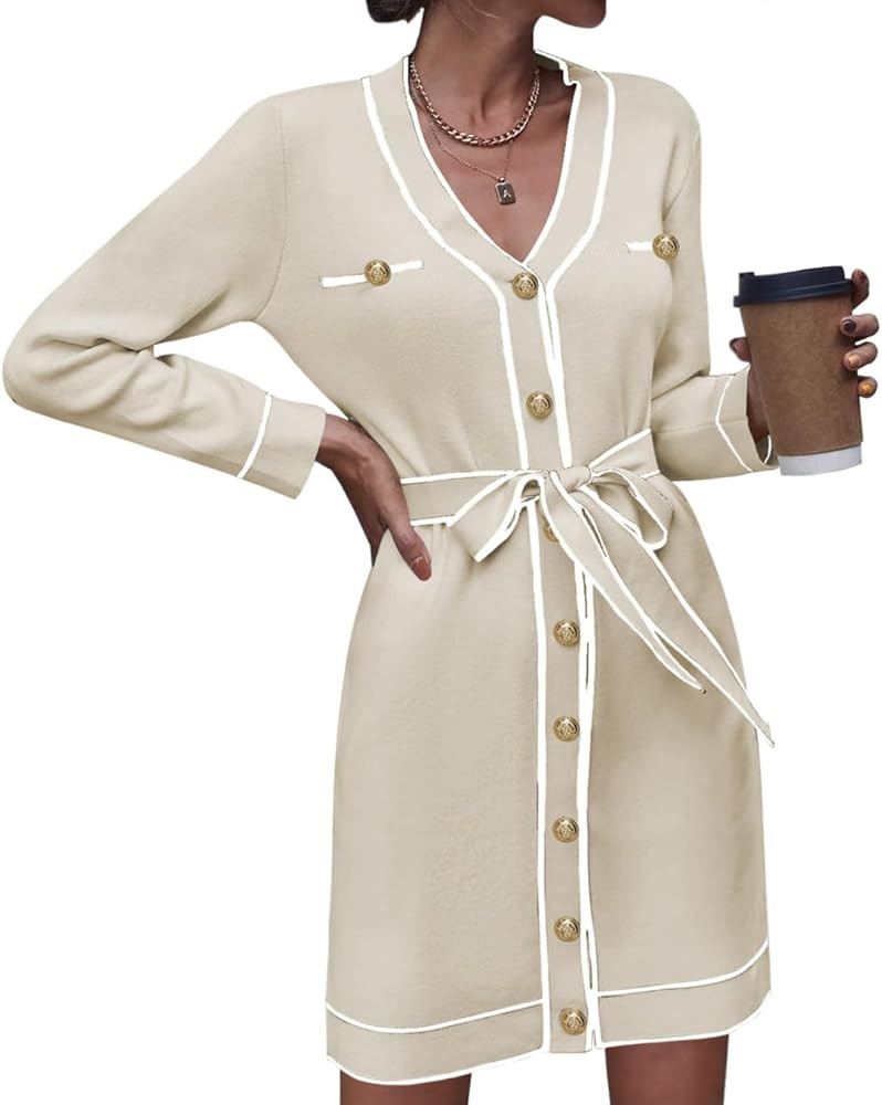 Pink Queen Women's Long Sleeve Button Down Sweater Dress Elegant V Neck Open Front Color Block Kn... | Amazon (US)