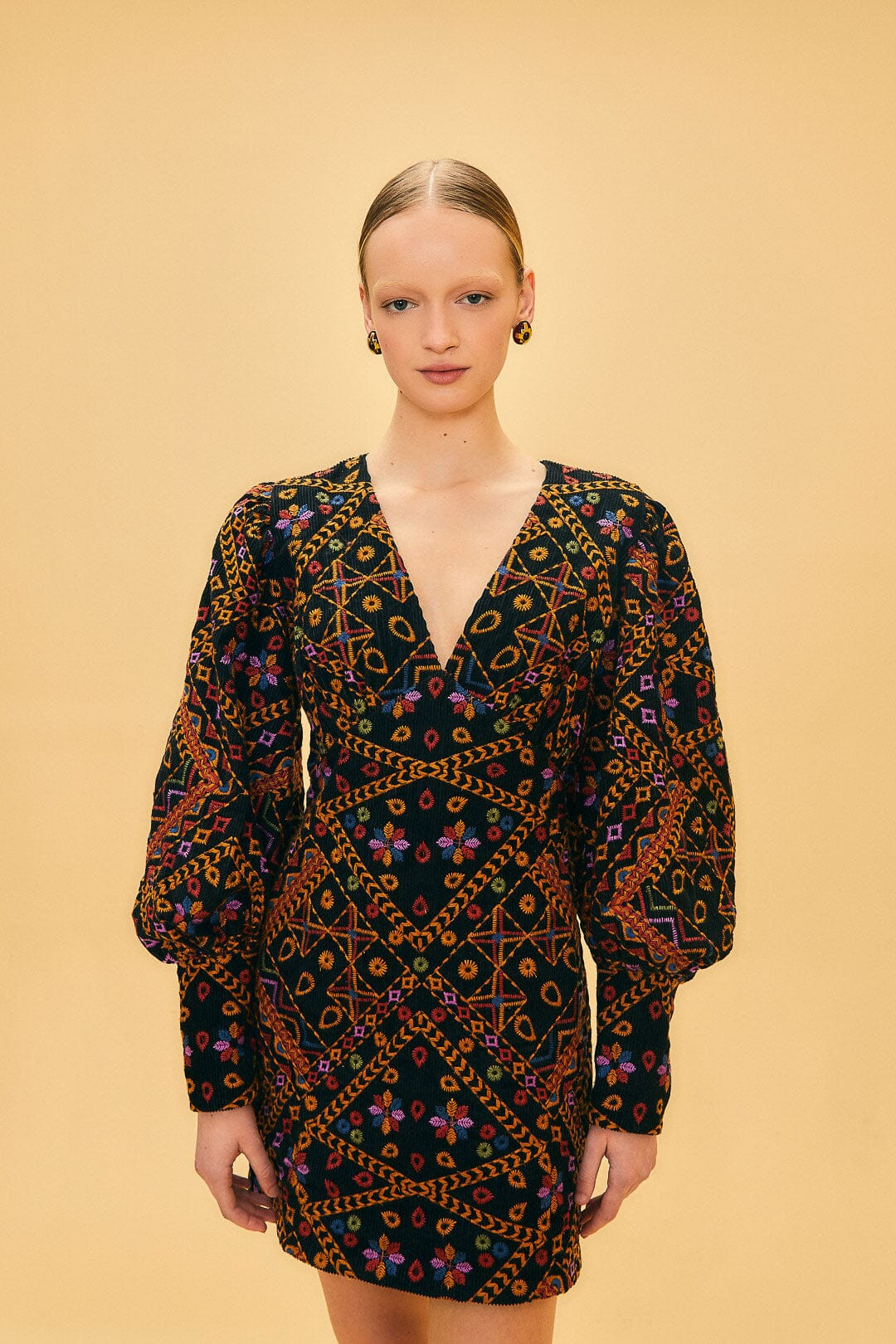 Embroidered Corduroy Puff Sleeve Mini Dress | FarmRio (US)