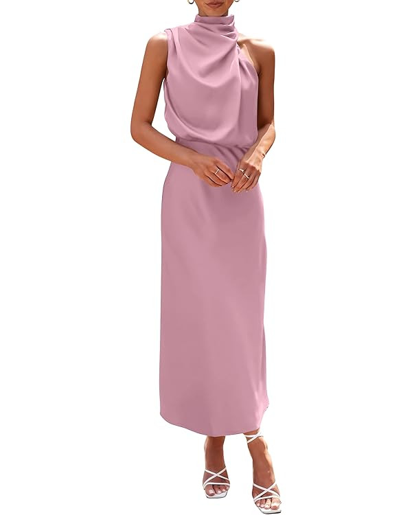 PRETTYGARDEN Women's 2023 Summer Satin Dress Elegant Sleeveless Mock Neck Cocktail Party Maxi Dre... | Amazon (US)