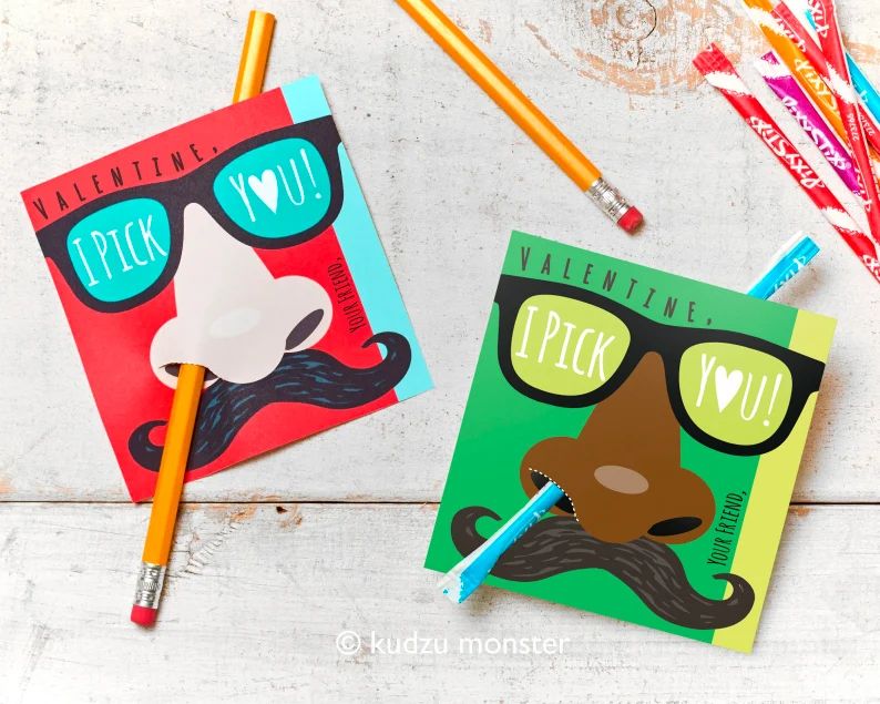 Funny Nose Picking Valentines Classroom Pencil Holder Valentines Mustache Glasses Valentine Card ... | Etsy (US)