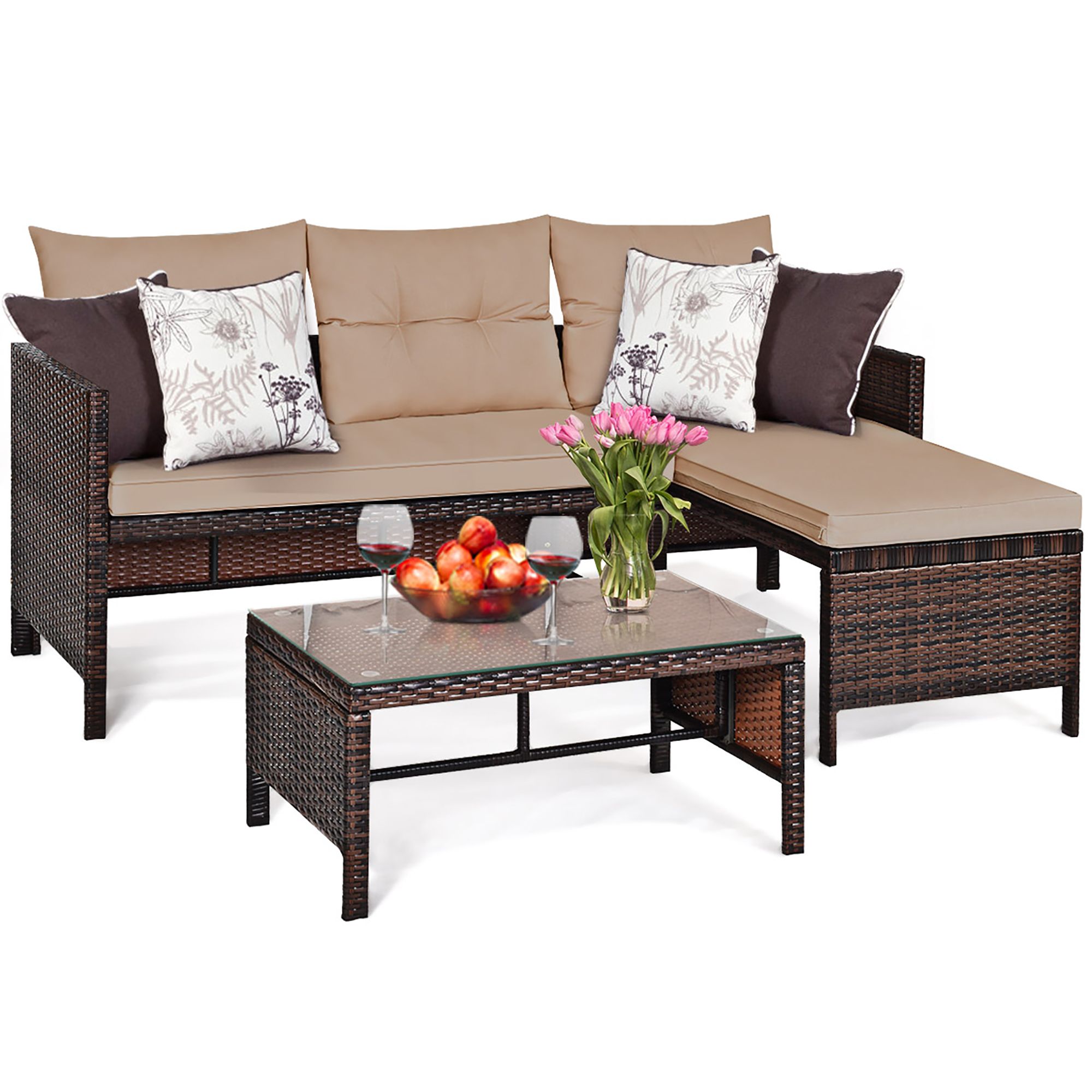 Goplus 3-Piece Patio Wicker Rattan Sofa Set Outdoor Sectional Conversation Set Garden Lawn | Walmart (US)