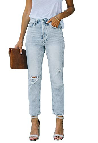 Metietila Women's Ripped High Waisted Jeans Distressed Stretch Straight Light Indigo Jean Denim Pants for Women Light Indigo Blue XXL | Amazon (US)