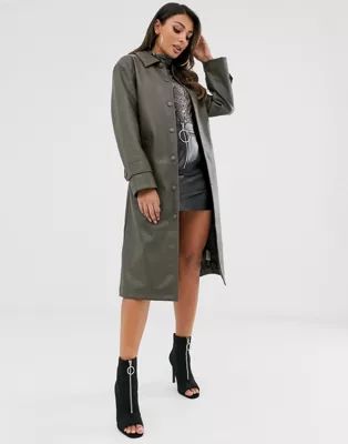 ASOS DESIGN leather look trench coat in khaki | ASOS (Global)