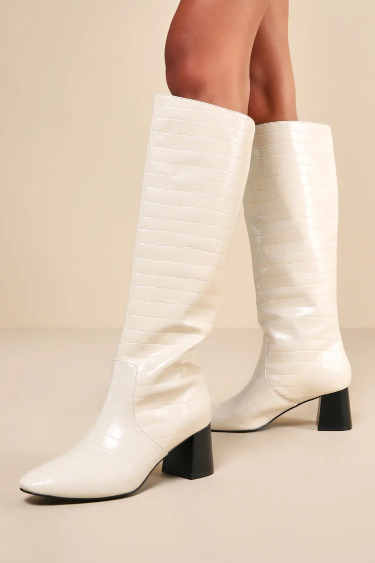 Bryson Bone Crocodile-Embossed Knee-High Boots | Lulus