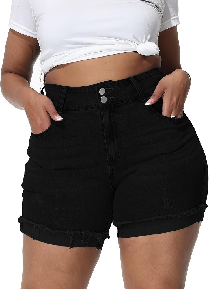 Gocolloa Womens Plus Size Jean Shorts High Waisted Stretchy Ripped Frayed Folded Hem Denim Shorts | Amazon (US)