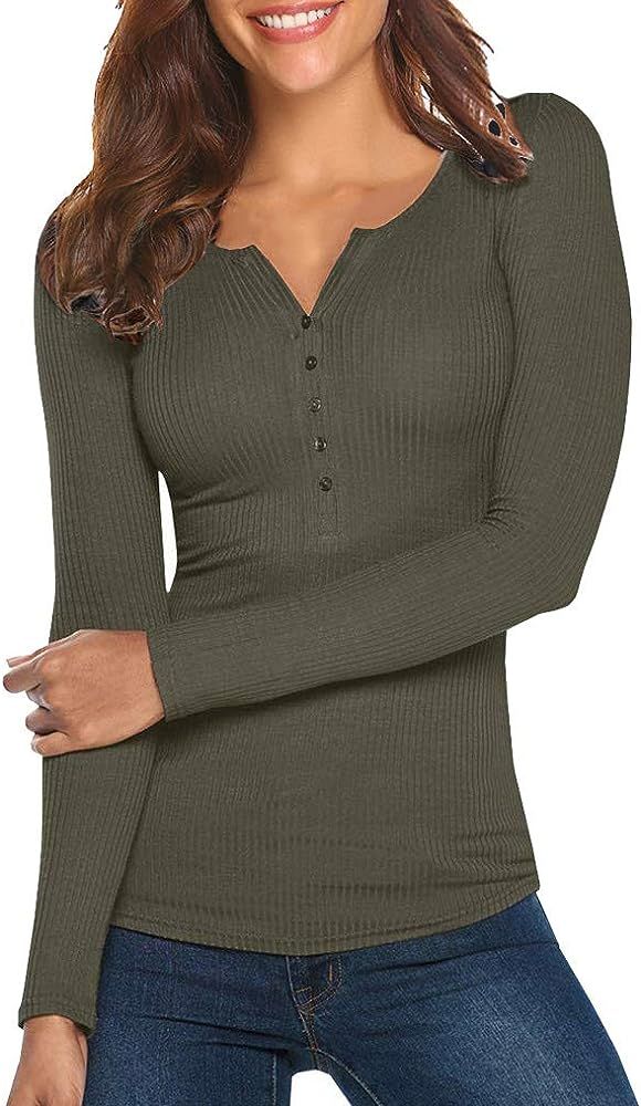 Tobrief Women's Henley Shirts Long Sleeve V Neck Ribbed Button Down Knit Sweater Fitted Tops | Amazon (US)