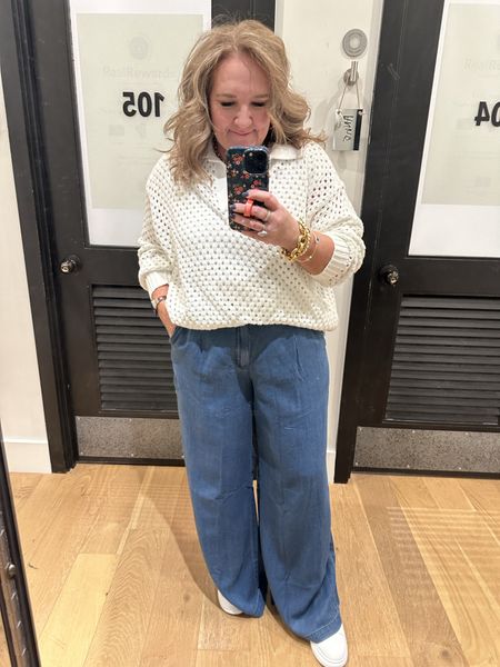 LTK spring sale! Extra % off at aerie and American eagle. Clip that code before you tap on the item to shop. Then paste at checkout. 

The chambray trousers are 🙌. Wearing a 14. The sweaters are OVERSIZED! Def go your smaller size. But these are really great pieces! 

The beige lightweight trouser I’m in an XL. The large would have worked better. 

Spring outfits spring layers 

#LTKSpringSale #LTKfindsunder100 #LTKmidsize