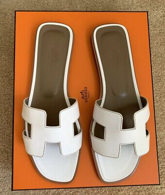 BNIB Hermes Oasis Oran Leather 38 8 Shoes Flats Sandals White Blanc | eBay US