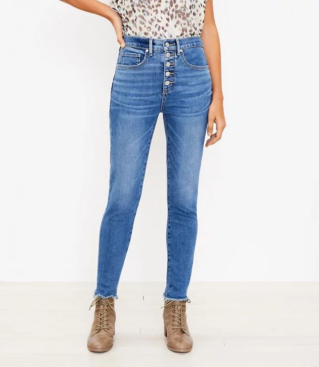 Chewed Hem Button Front High Rise Skinny Jeans in Authentic Indigo | LOFT