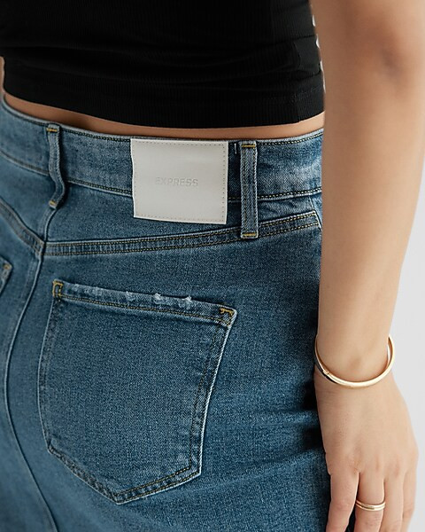 High Waisted Drop Hem Front Slit Maxi Denim Skirt | Express