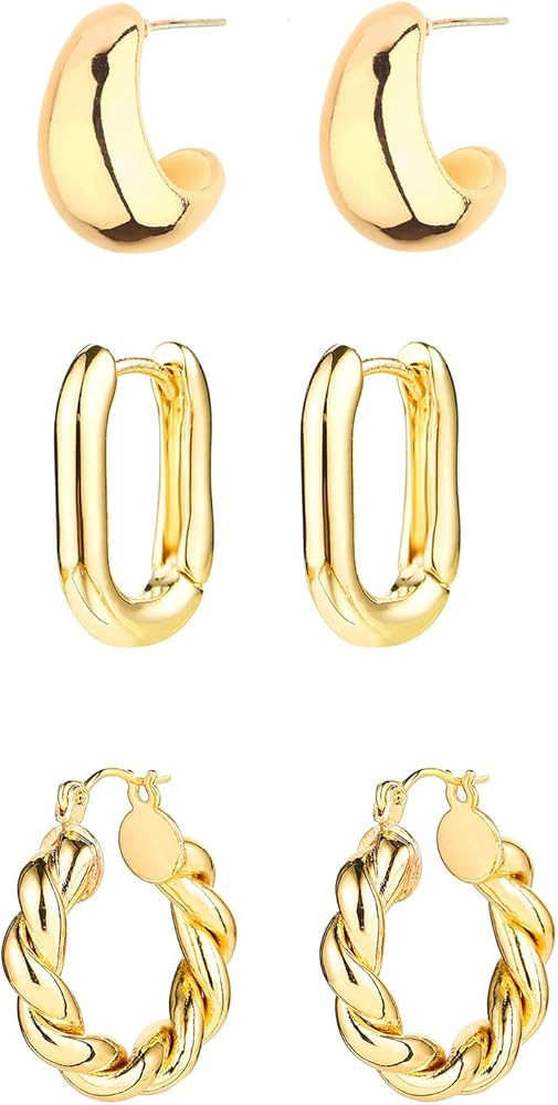 14K Gold Hoop Earrings for Women, Hypoallergenic Chunky Gold Hoop Earrings Multipack, Lightweight... | Amazon (US)