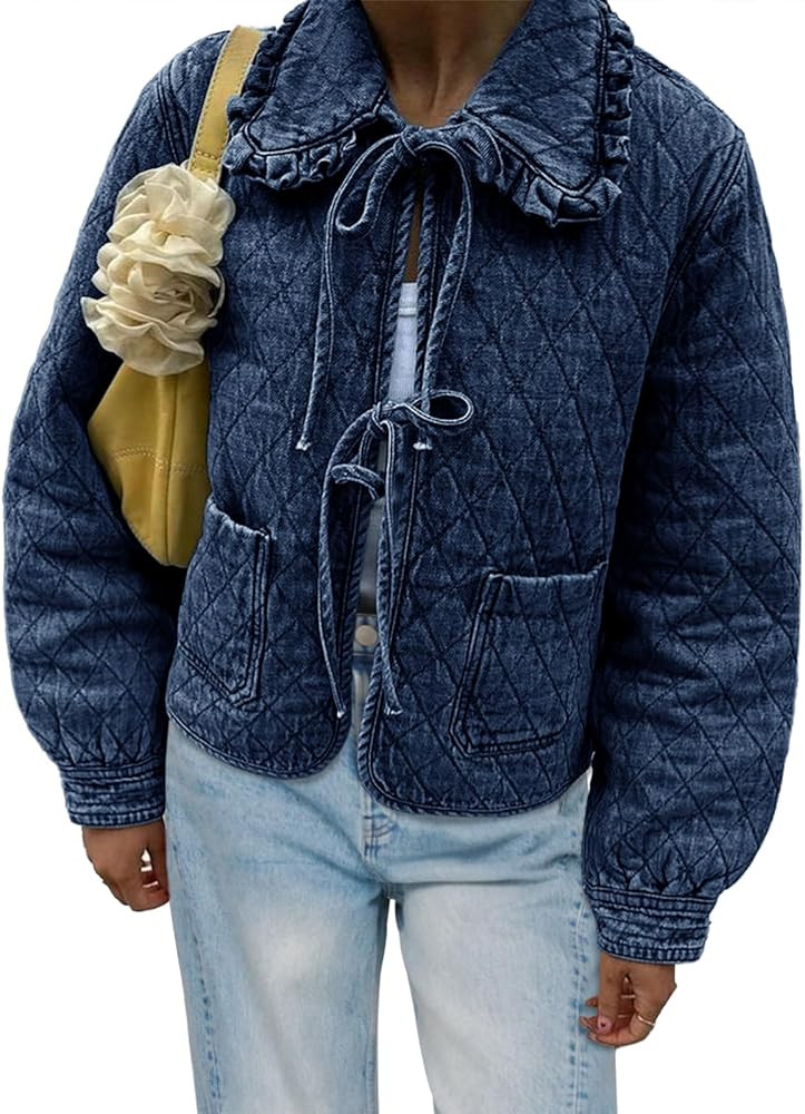 Tankaneo Womens Quilted Denim Puffer Jackets Tie Front Bow Cropped Puffy Jackets Fall Cute Short ... | Amazon (US)