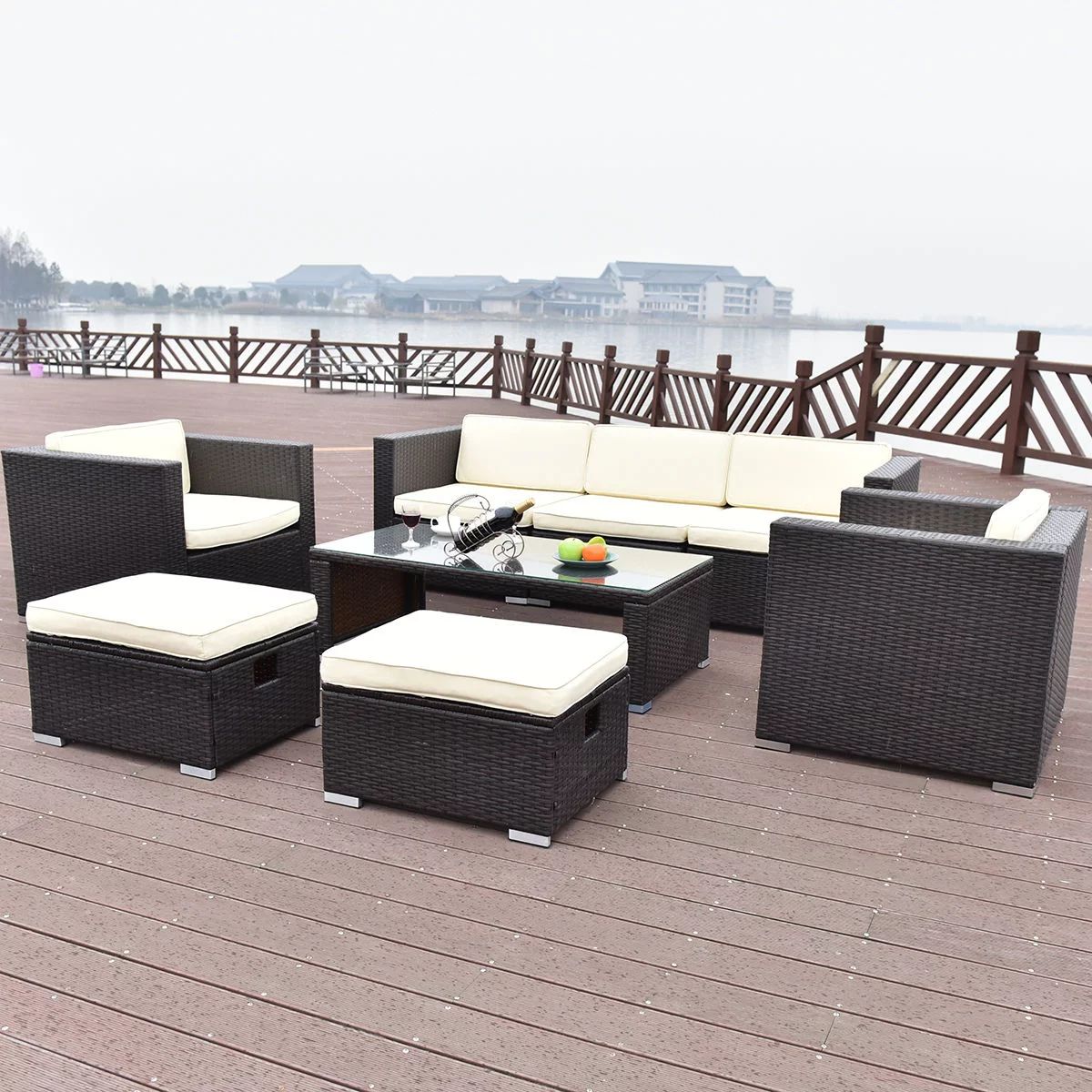 Costway 8 PCS Outdoor Patio Rattan Wicker Furniture Set Sofa Cushioned Garden with White Cushions | Walmart (US)